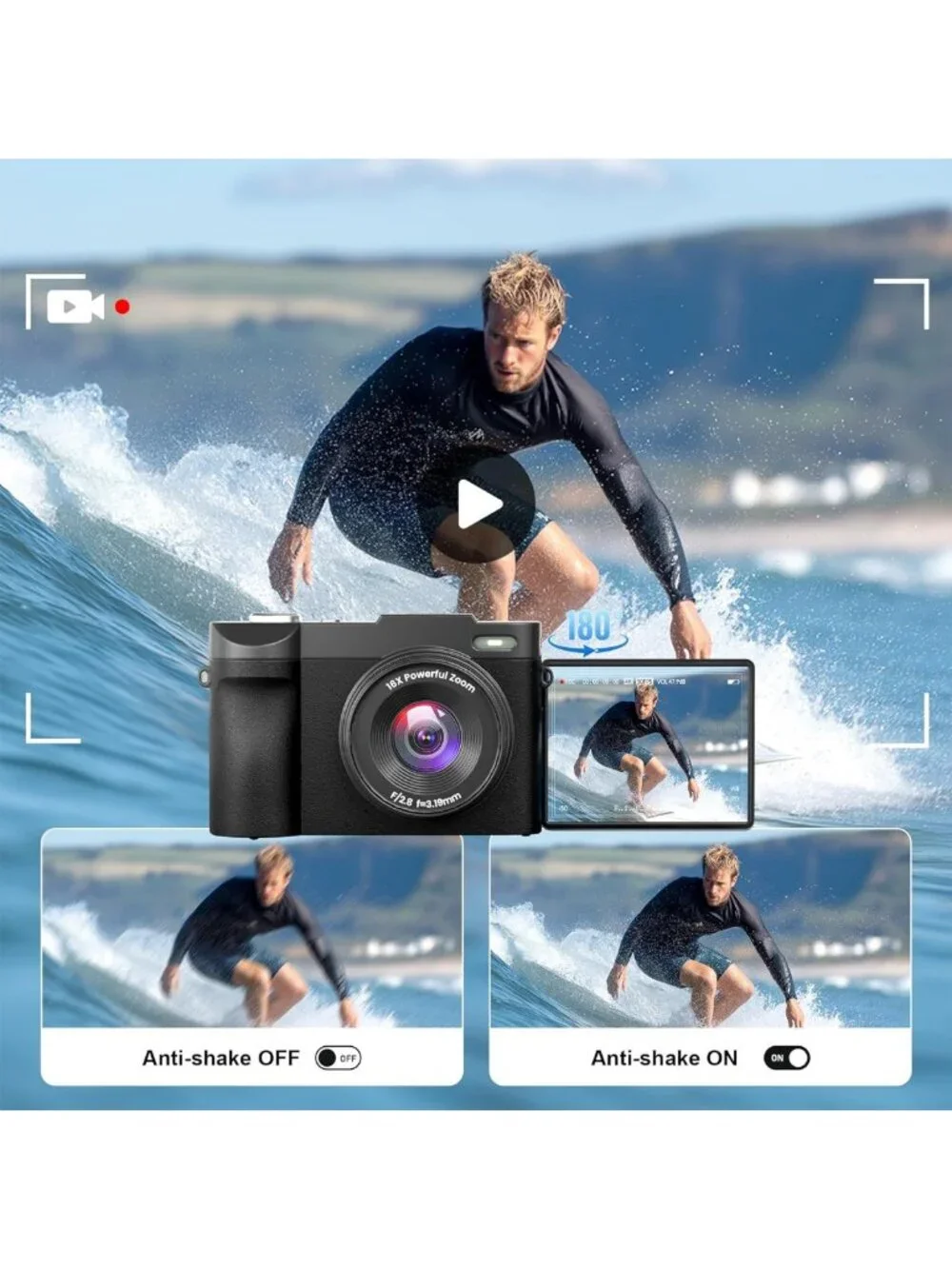 Compact 4K Digital Camera with 50MP, Auto-Focus, 180° Flip Screen & 16X Zoom
